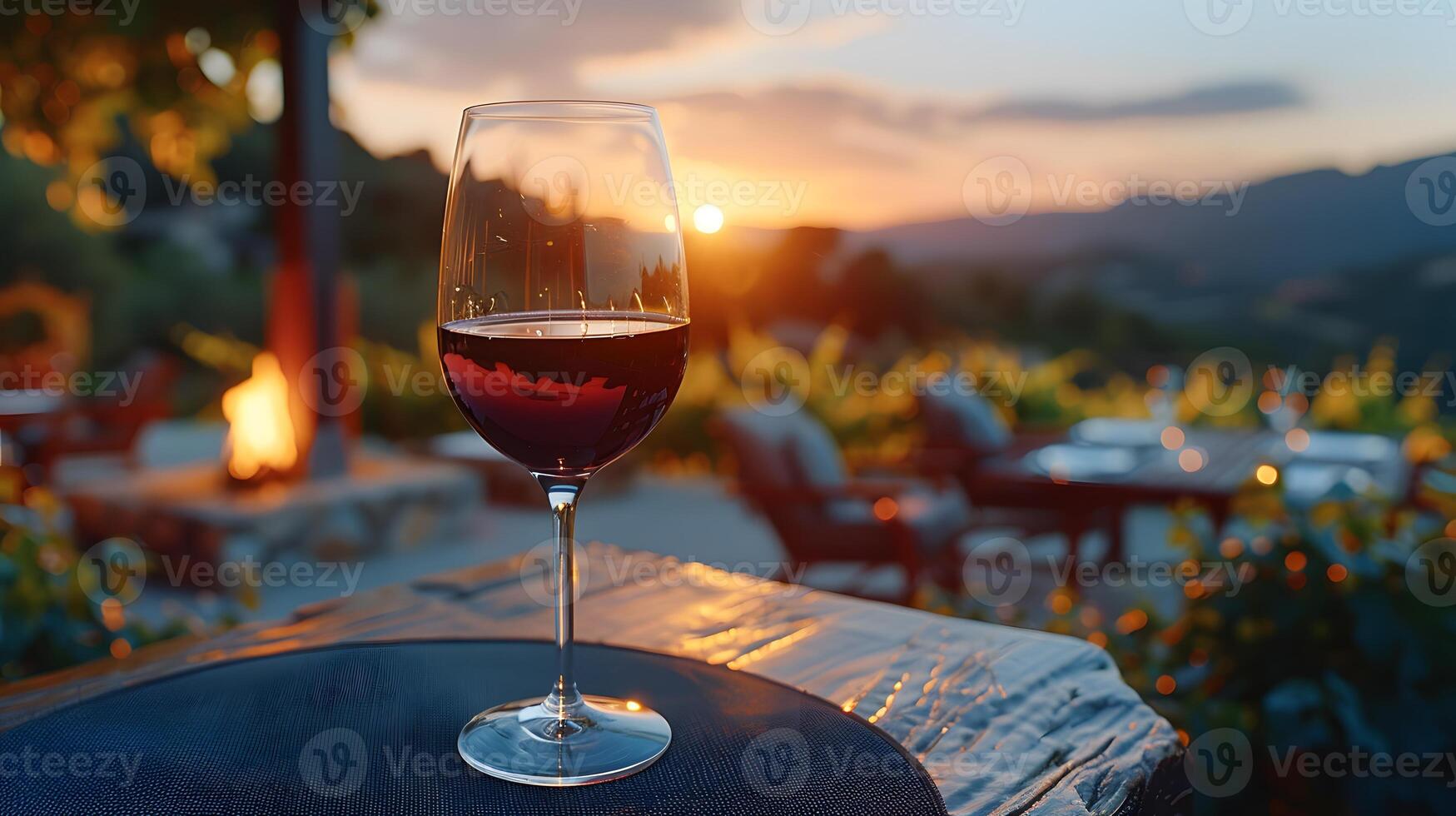 A glass of red wine with a vineyard in the background photo