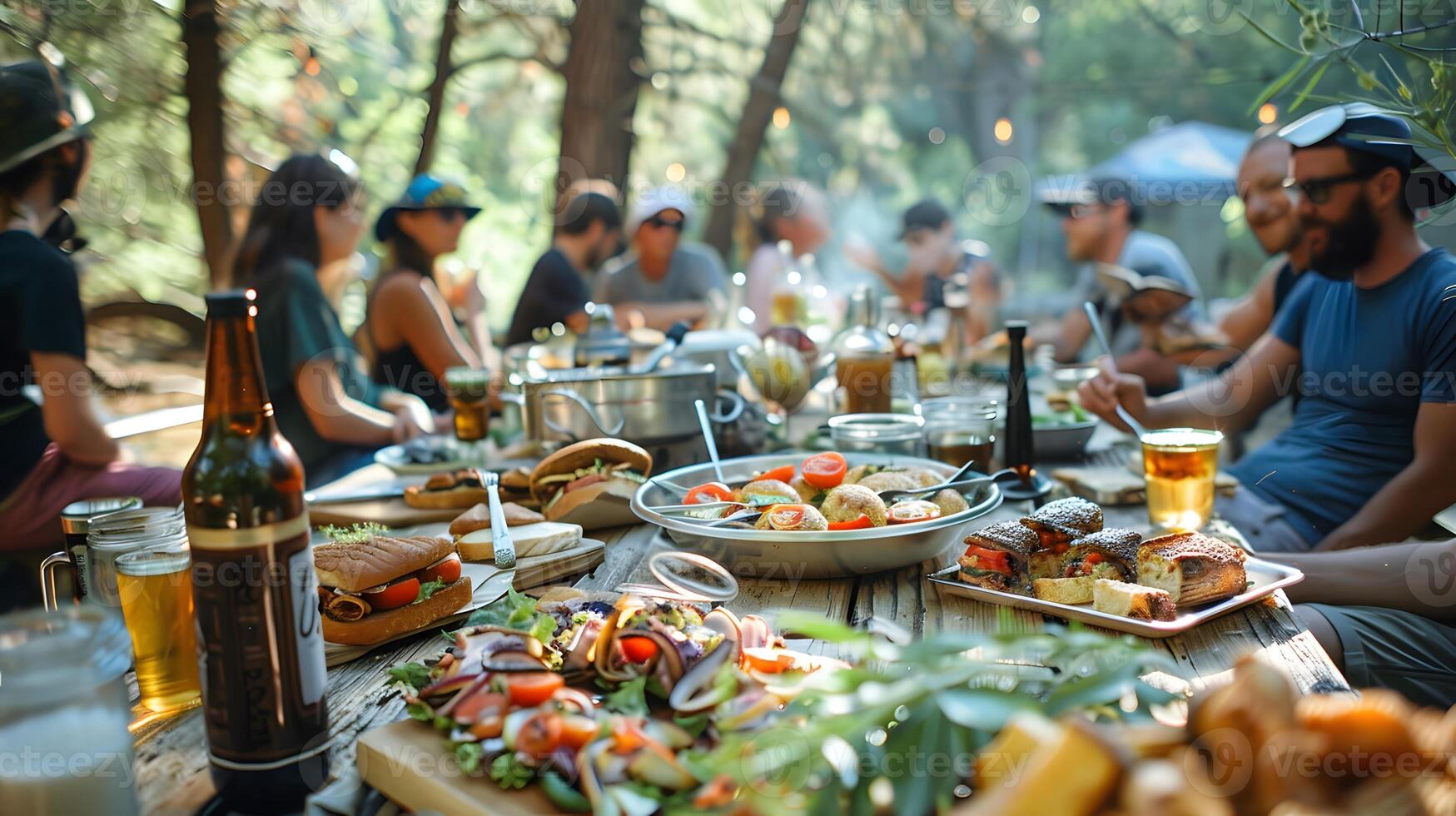 A summer picnic with a large group of friends enjoying photo
