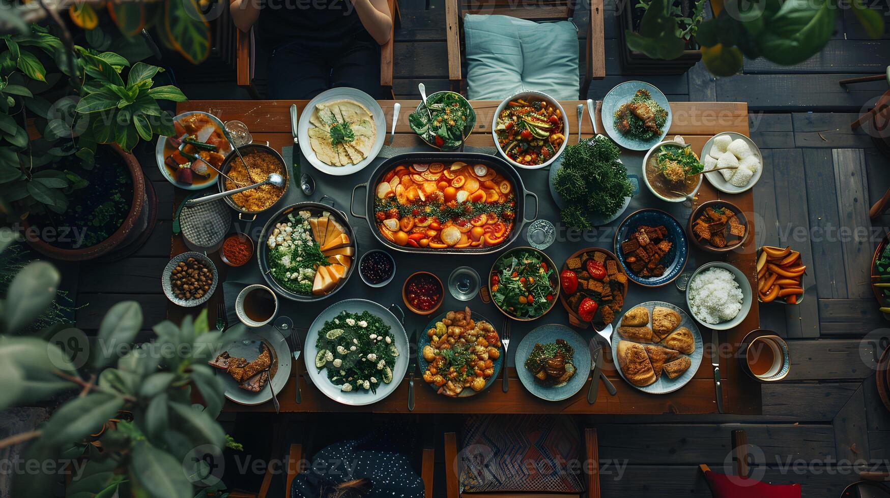 A multicultural potluck dinner with friends sharing homemade dishes photo