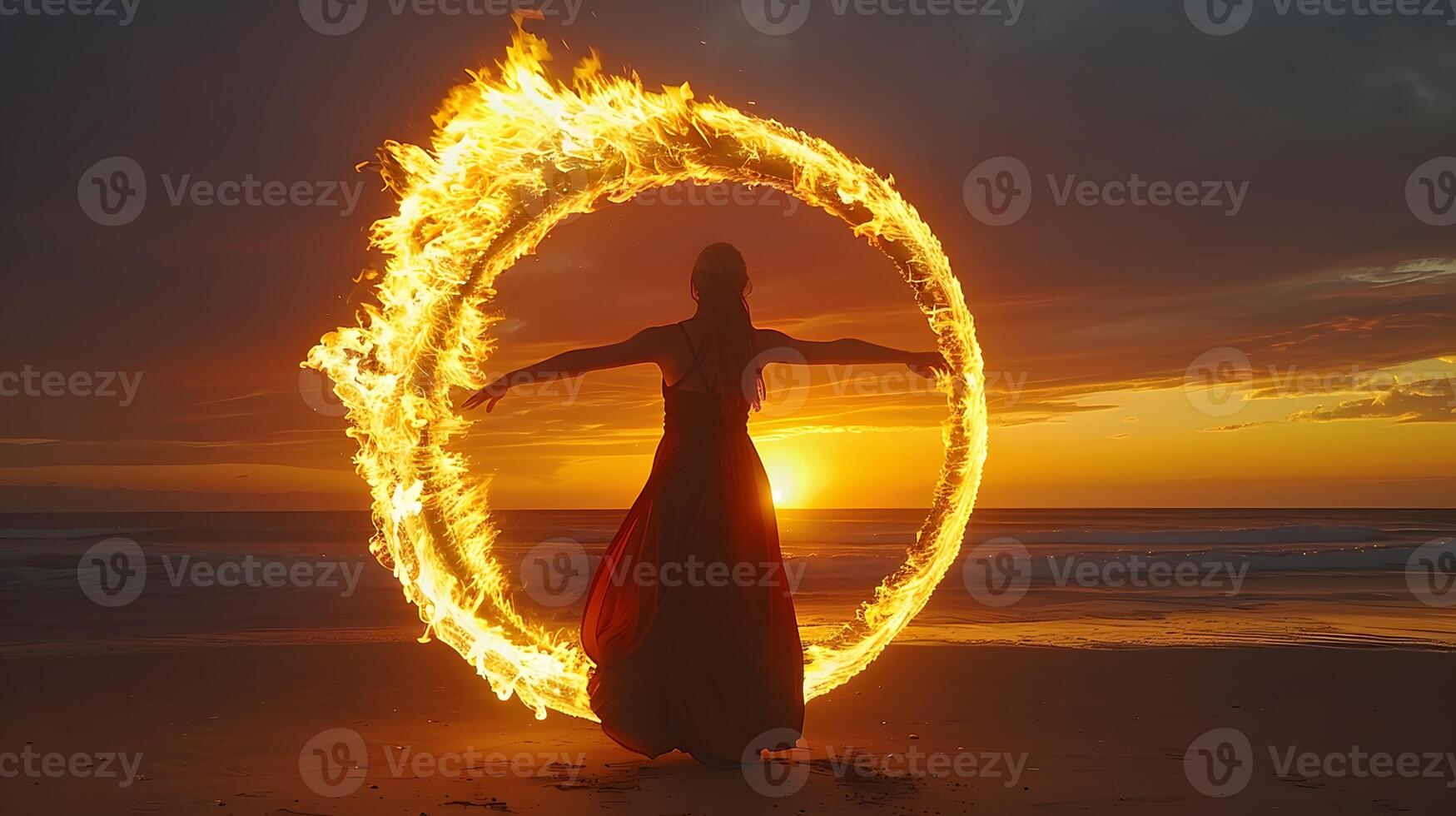 silhouette of a person on the beach ,A fire dancer performing at a beach photo