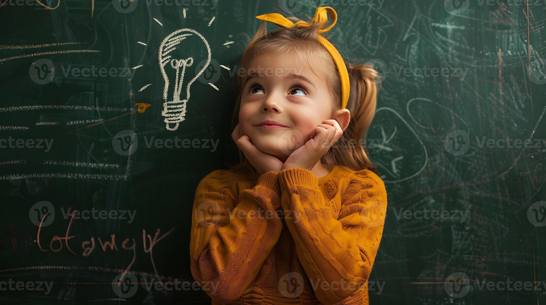 A girl with smiling and thoughtful face expression. Pupil female student standing in front of the green blackboard with lightbulb drawing photo