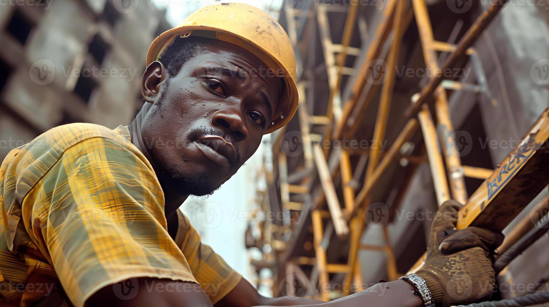 A worker climbing a scaffold photo