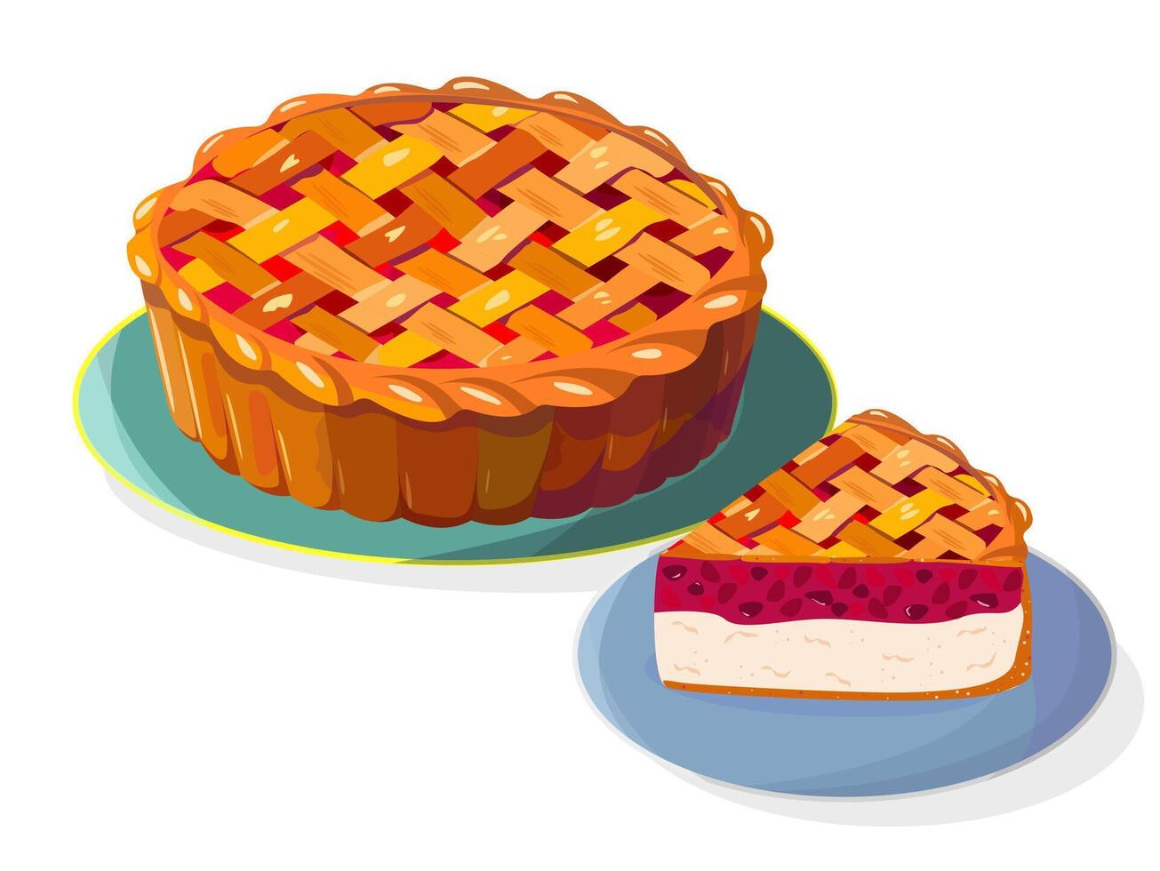 Sweet cherry or strawberry pie, piece cake. Cartoon isolated baked round tart with red jam. whole homemade cake baked round braided pie ruddy on plate vector