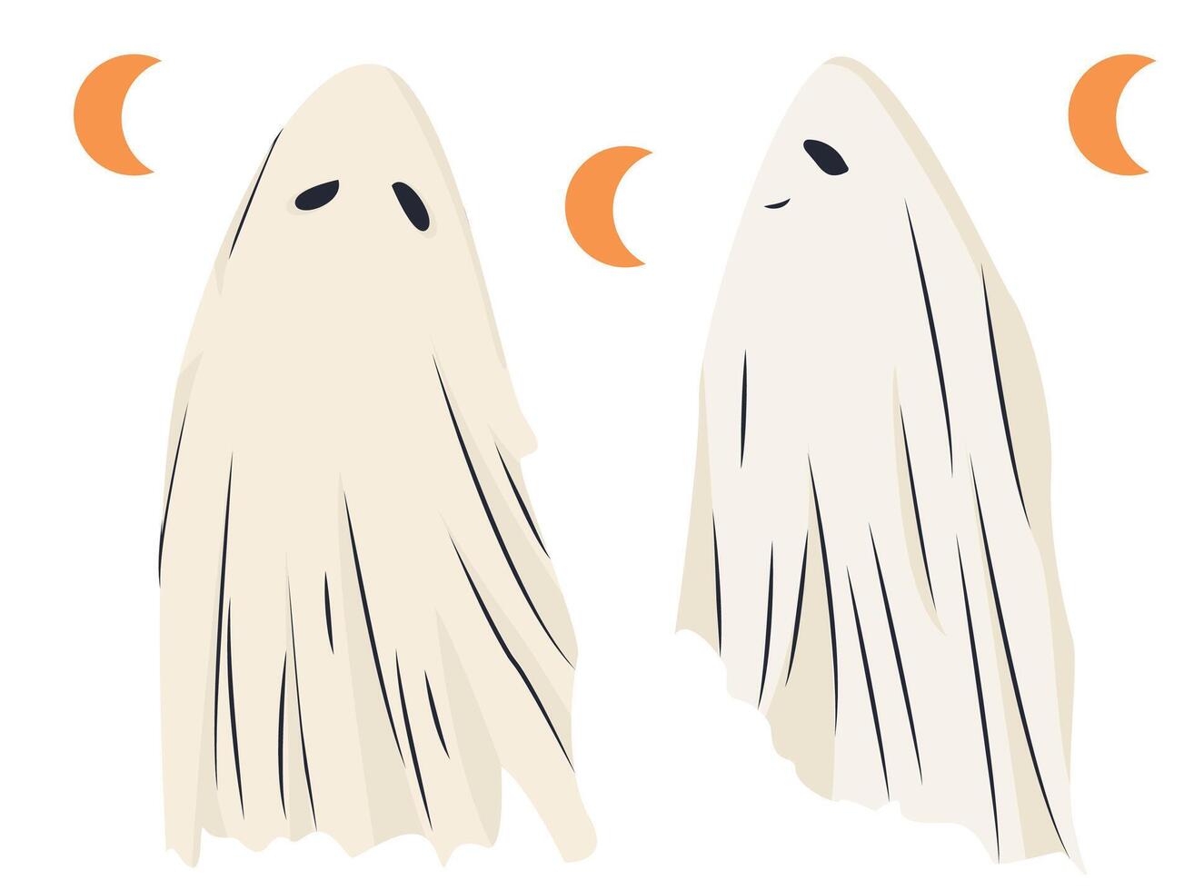Cute Ghost couple design for you with moon. Minimalistic characters spirits, Halloween holiday or Valentine day vector