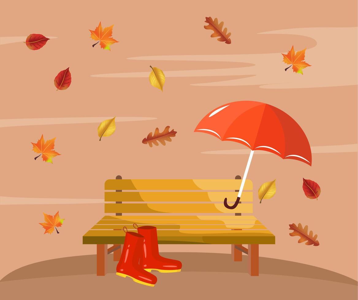 Wooden bench clearing, red boots and umbrella, time after the rain, evening atmospheric illustration to describe loneliness, emptiness. The red umbrella symbolizes love, romance vector