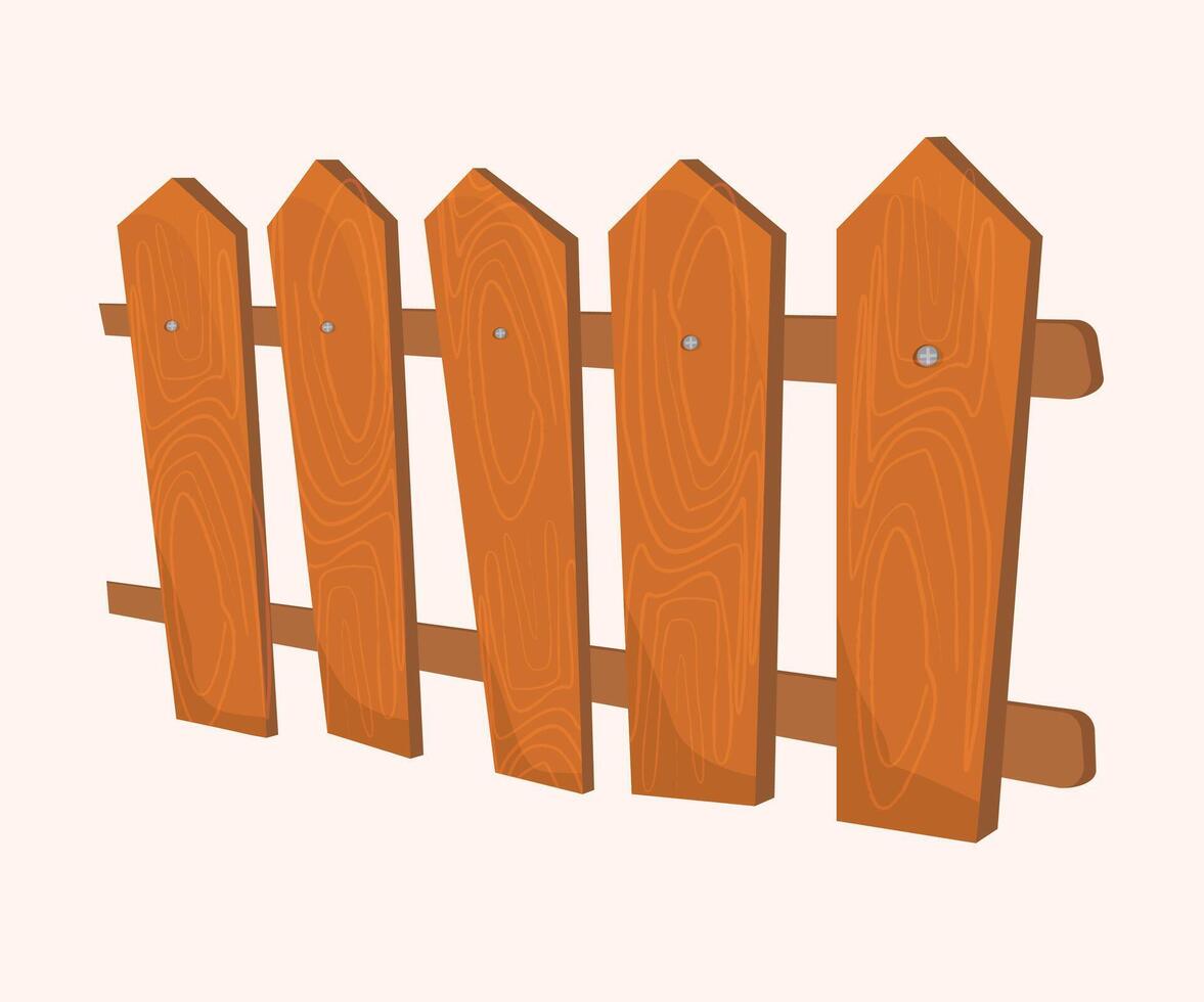 Old wooden Orange fence, side and front view. isolated on white background with parallel plank old. illustration. House or Farm Element. Detailed cartoon wood vector