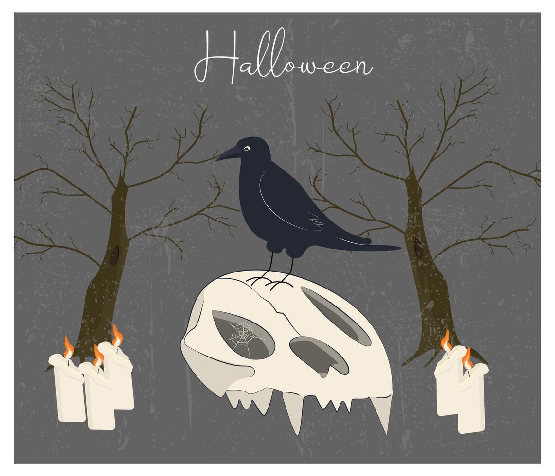 Back Crow on the Cat s Skull. Halloween Illustration, Dry threes, candles. Magic fortune telling, vintage style drawing. Grey background with texture. Gothic creepy illustration vector