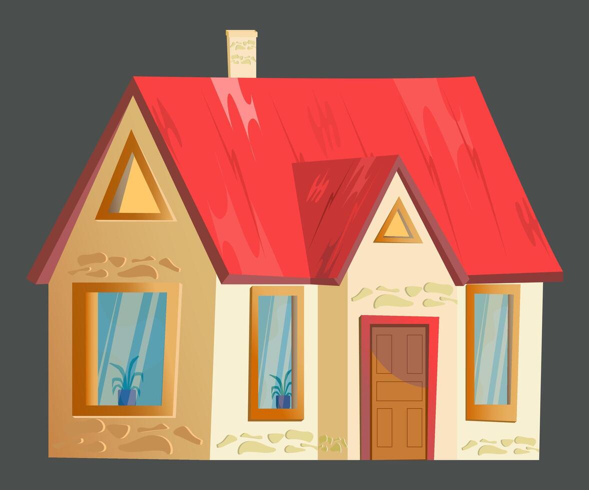 illustration simple cute house isolated on background. Red roof, isometry, big windows. village house vector