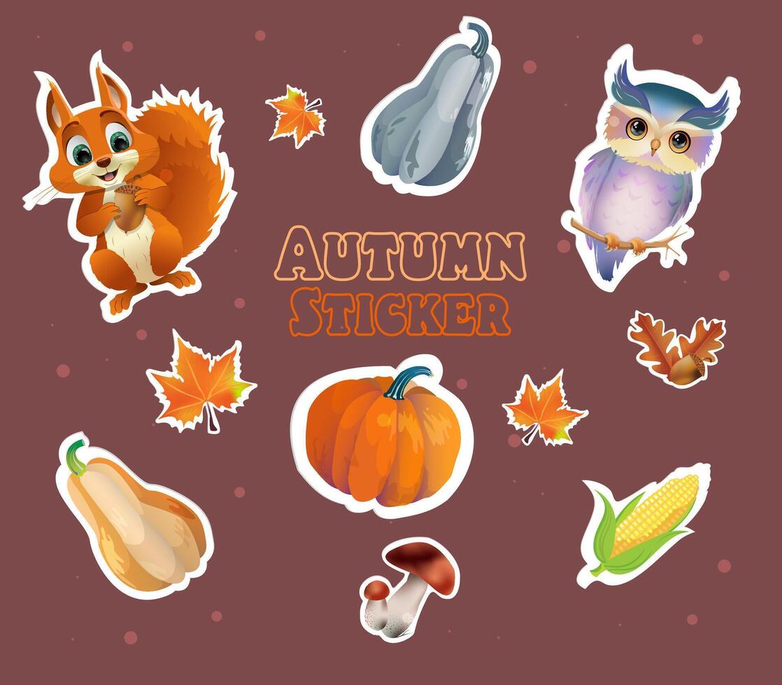 Set sticker pack animals Squirrel with Owl, Autumn leaves, vegetables and corn, pumpkins. illustration, colorful cartoon set for printing vector