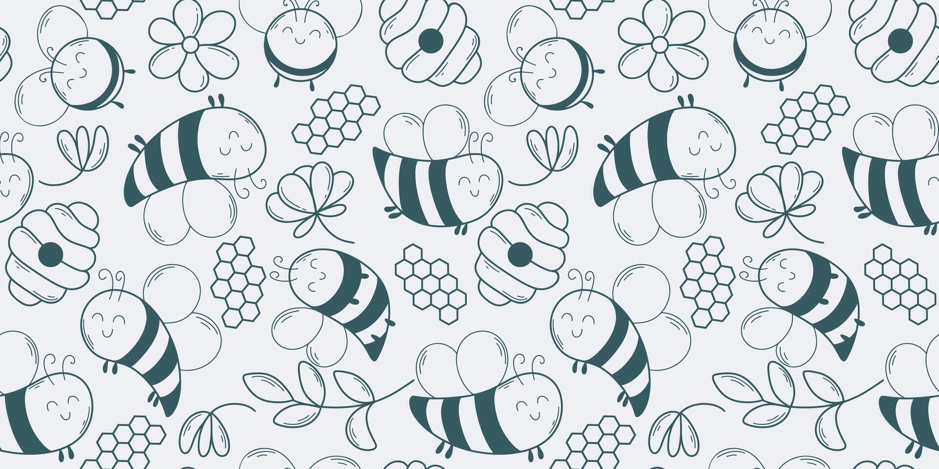 Cute bees doodle sketch style seamless pattern vector