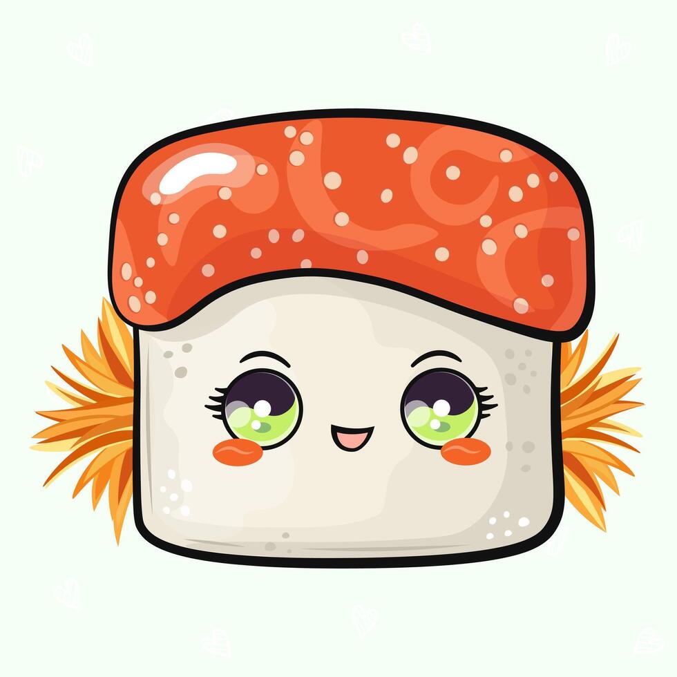 Cute funny Sushi. hand drawn cartoon kawaii character illustration icon. Isolated on green background. Sushi character concept vector