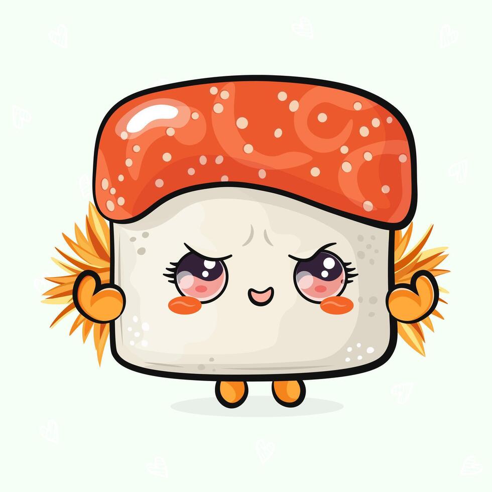 Cute funny Sushi strong. hand drawn cartoon kawaii character illustration icon. Isolated on light green background. Sushi shows muscles character concept vector