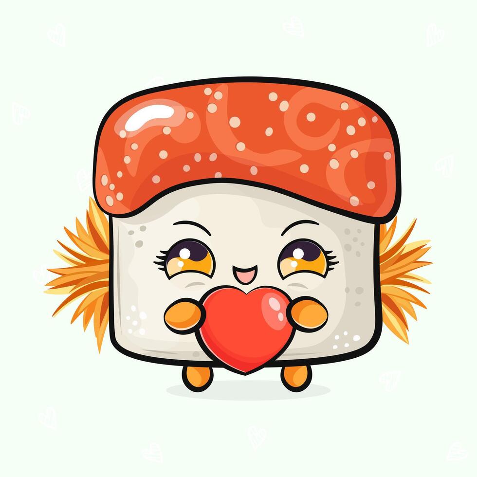 Cute funny Sushi with heart in hand. hand drawn cartoon kawaii character illustration icon. Isolated on light green background. Sushi character concept vector