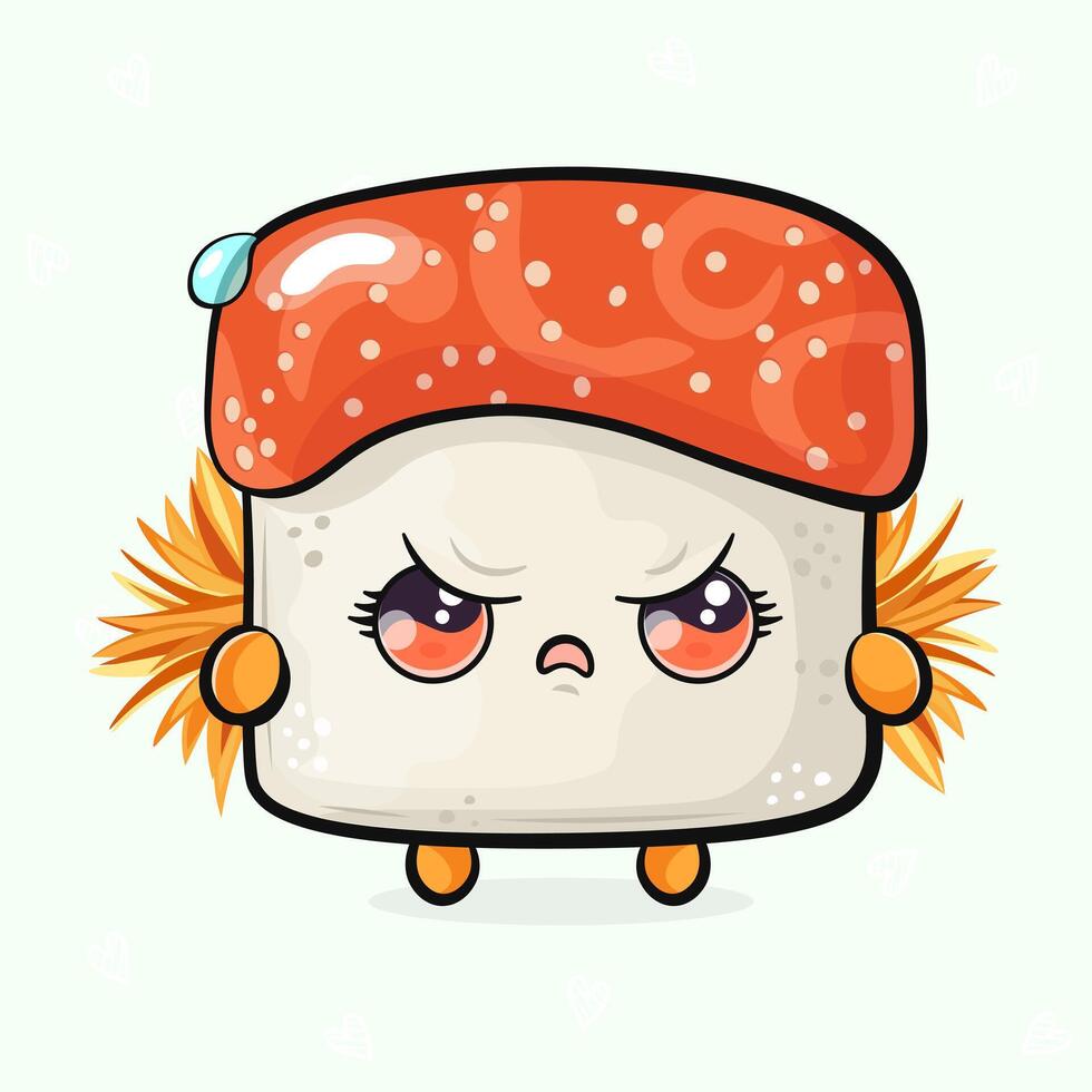 Cute angry Sushi character. hand drawn cartoon kawaii character illustration icon. Isolated on light green background. Sad Sushi character concept vector