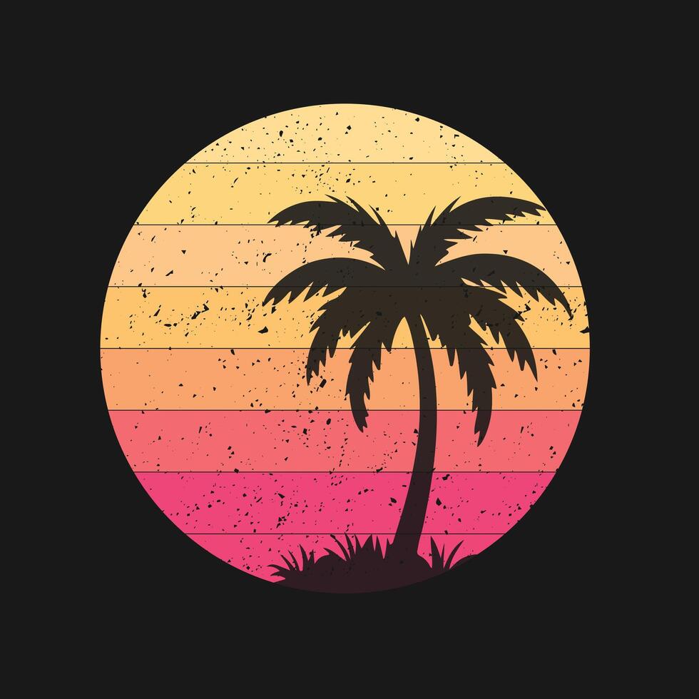 Sunset Beach Palm Tree T shirt Background. Vintage And Retro Grunge Sunset Template vector