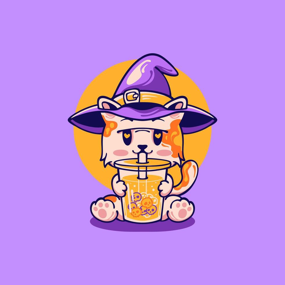 Cat in wizard hat is drinking juice vector