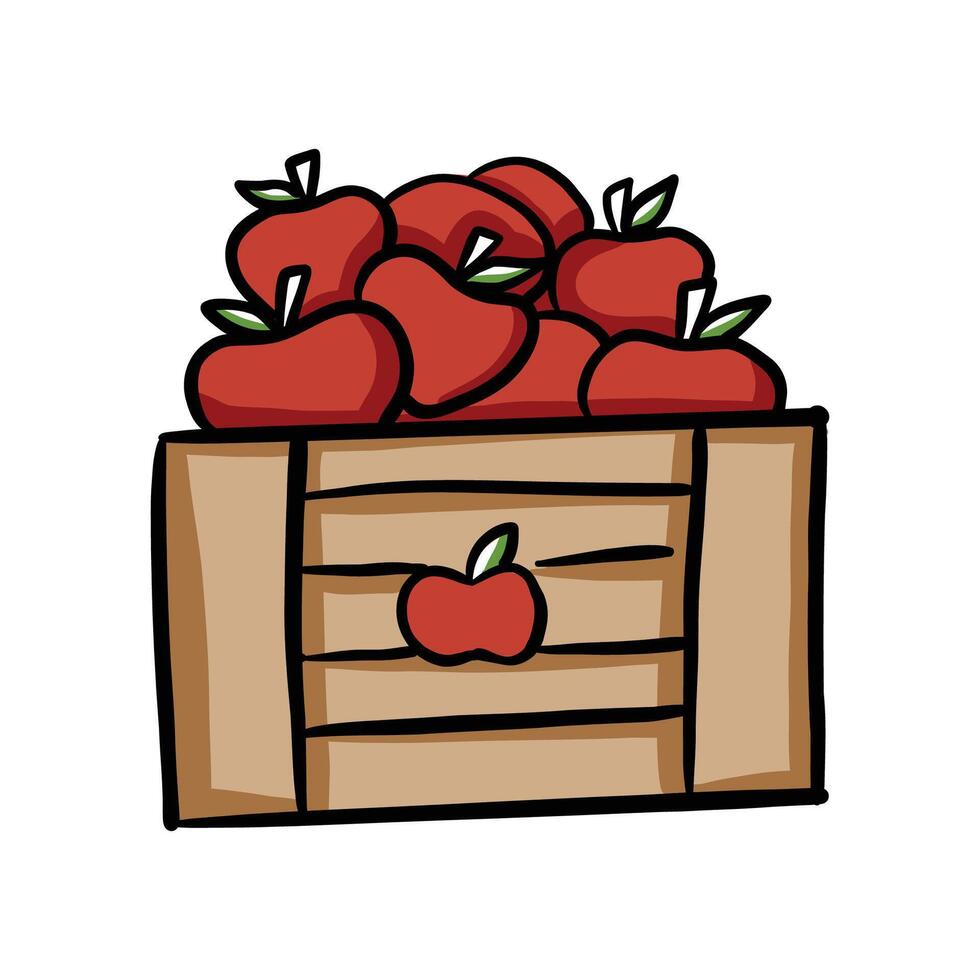 cute kawaii apples in a wooden box illustration vector