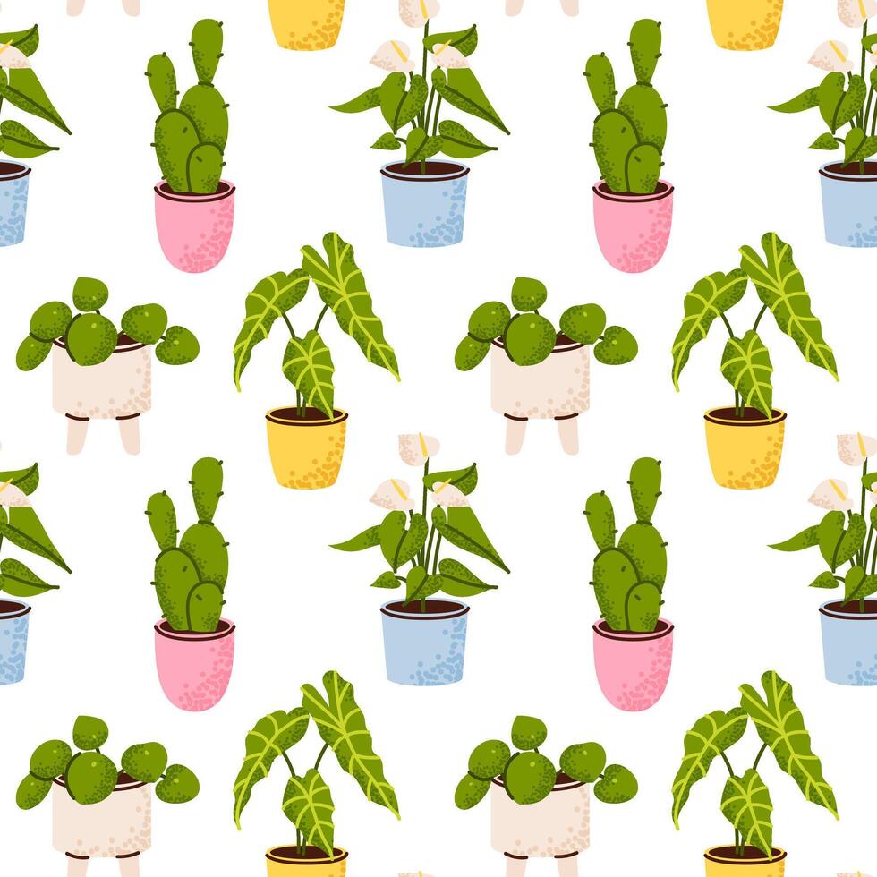 Seamless pattern of plants in pots vector