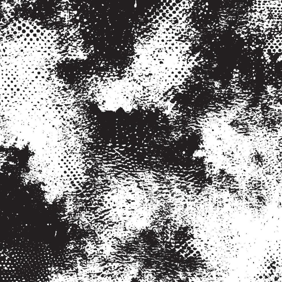 A black and white grunge texture template, characterized by a dark overlay of messy dust. The distressed background is abstract, dotted, and scratched, offering a vintage noise grain effect vector