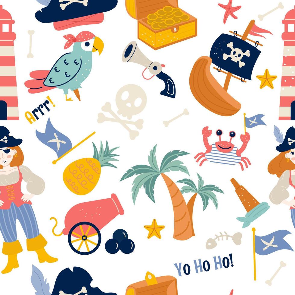 Pirate elements seamless pattern in flat design vector