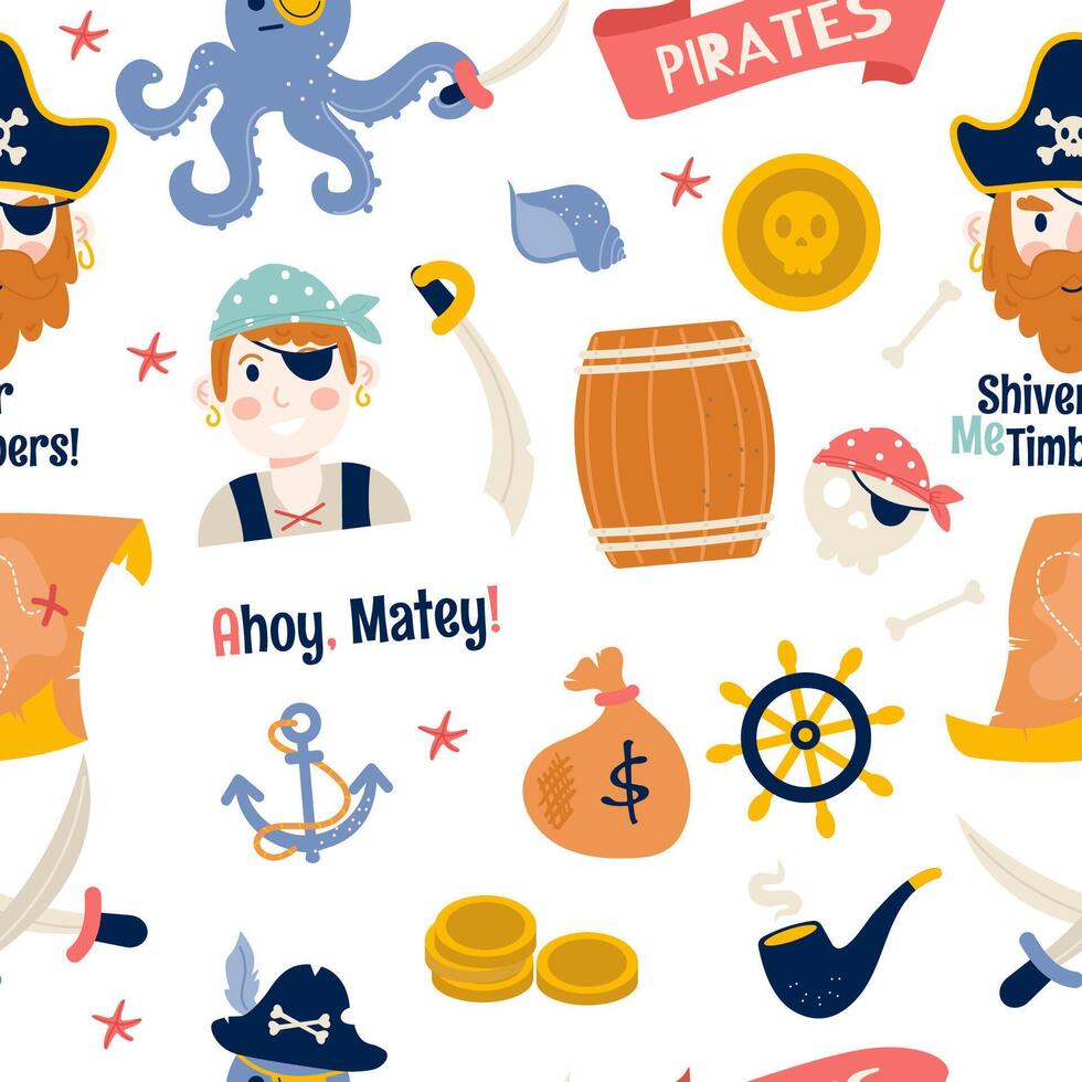 Pirate elements seamless pattern in flat vector
