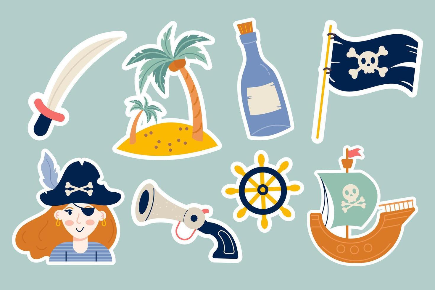 Set pirate stickers flat design on a white background vector