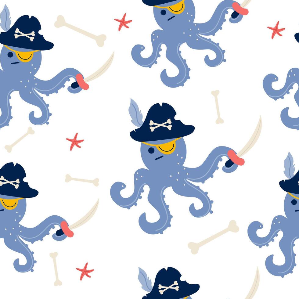 Octopus pirate character seamless pattern in flat design vector