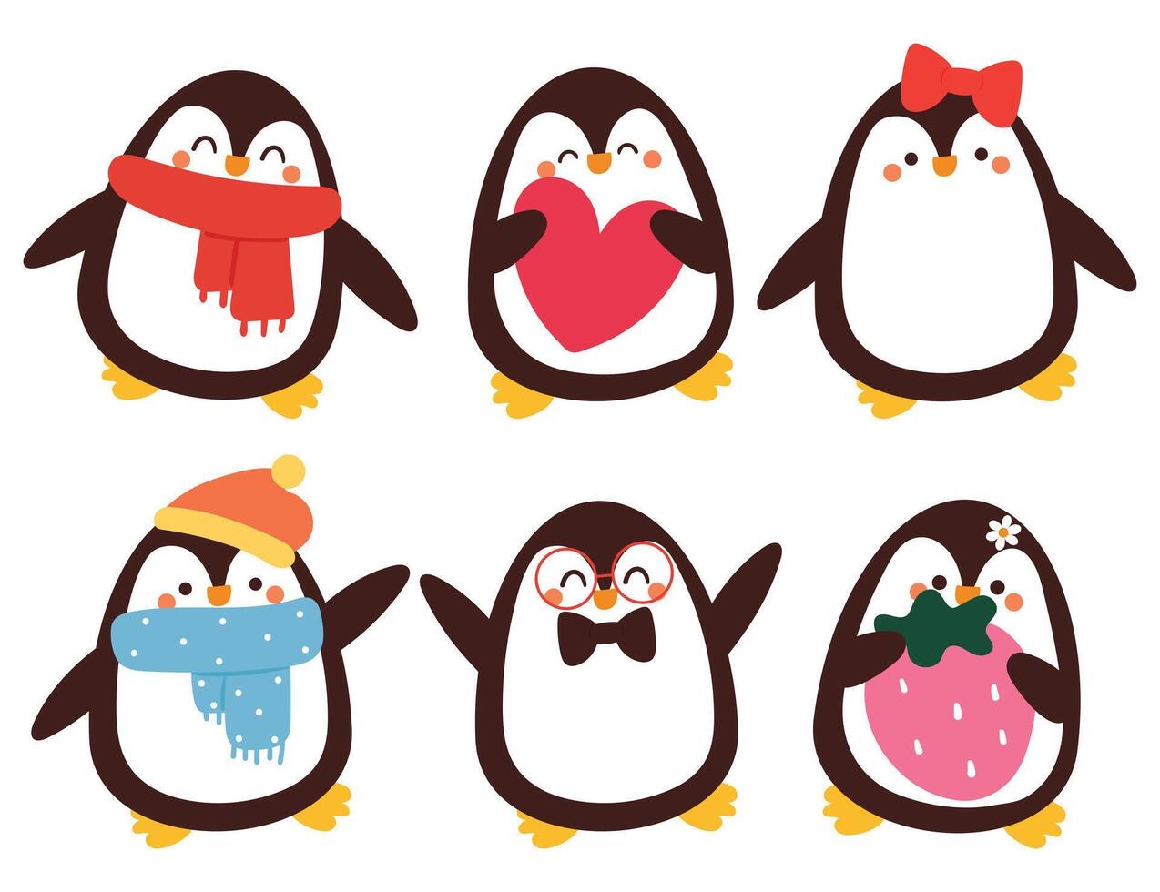 hand drawing cartoon penguin sticker set. cute animal drawing, doodle set vector