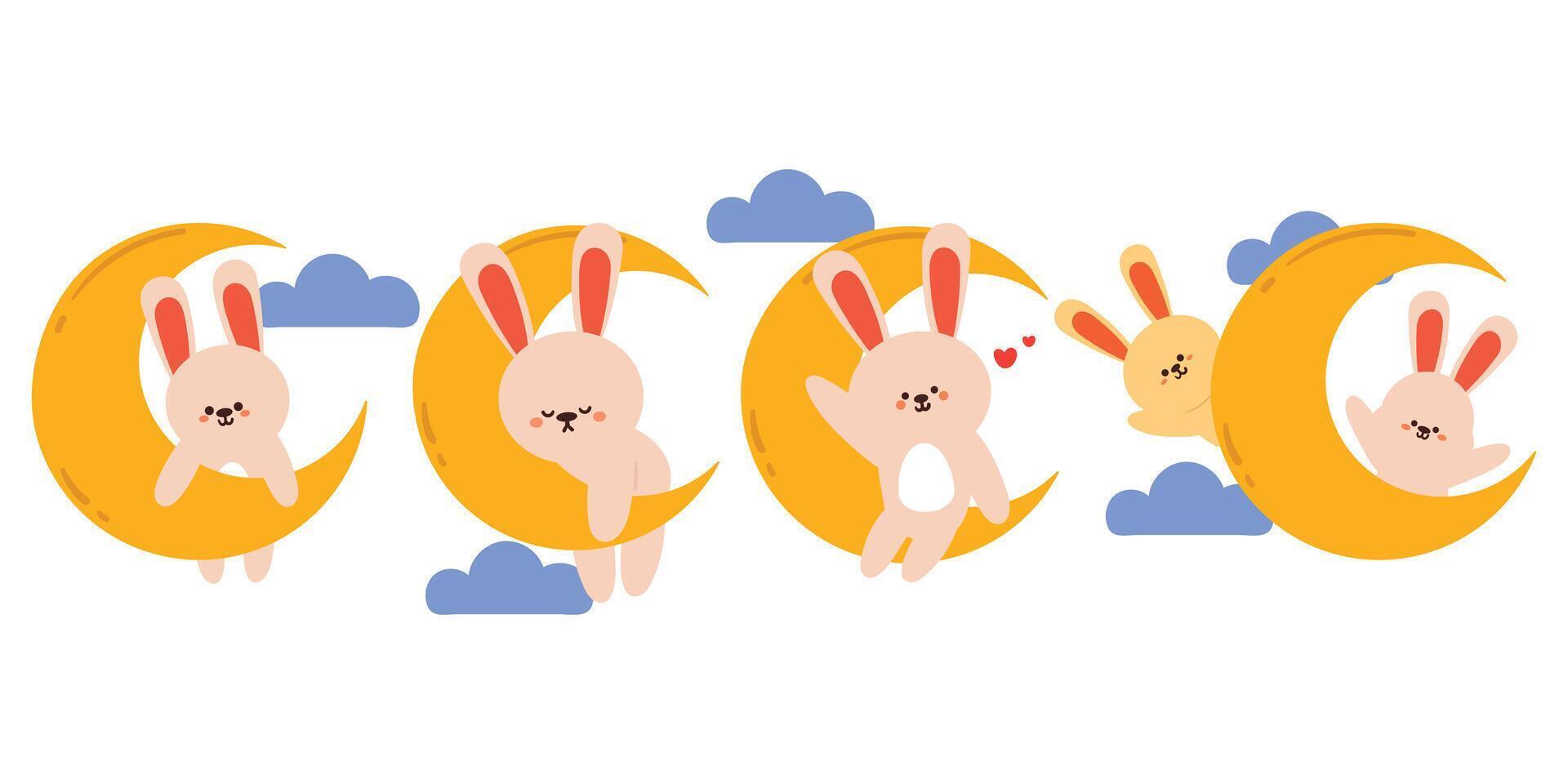 hand drawing cartoon bunny with moon and clouds sticker set. cute animal drawing, doodle set vector