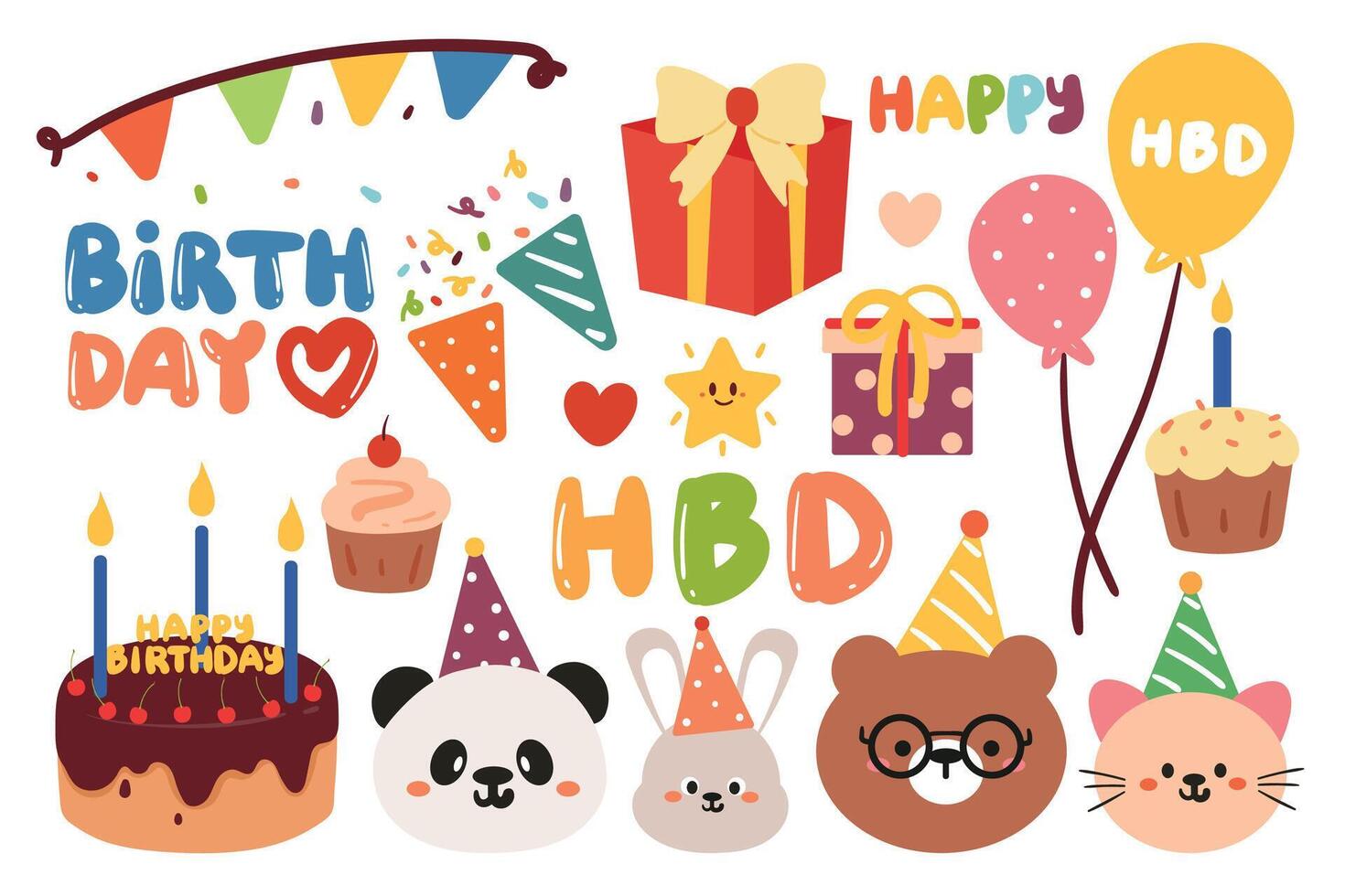 hand drawing cartoon birthday sticker set. cute sticker for birthday party, doodle set vector