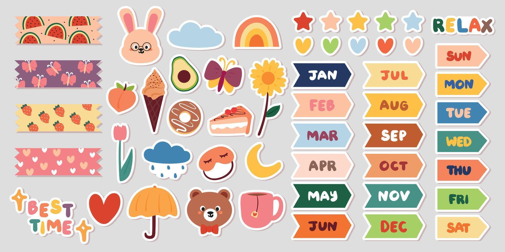 collection set of planner and journal sticker for diary, planner, journal and notes vector