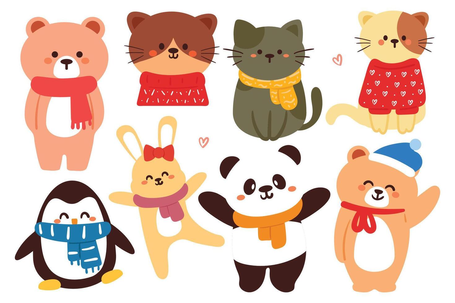 hand drawing cartoon winter animal sticker set. cute animal drawing, doodle set vector