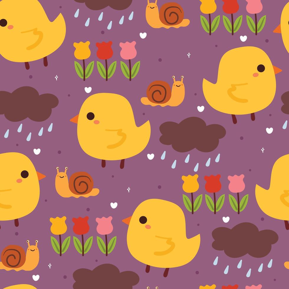 seamless pattern cartoon chick and snail with flower. cute wallpaper for textile, gift wrap paper vector