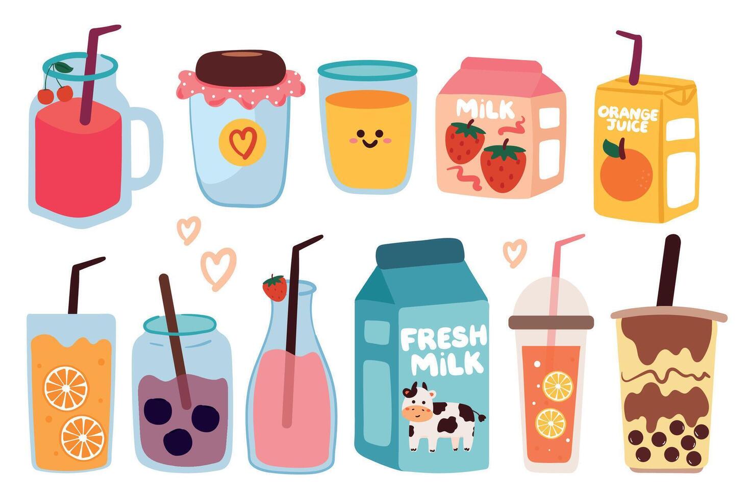 hand drawing cartoon cute beverage sticker set. cute drink drawing and sticker, doodle set vector