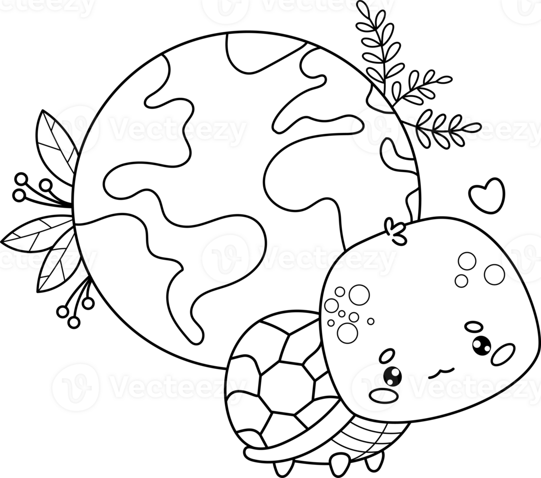 Line drawing turtle with planet Earth png