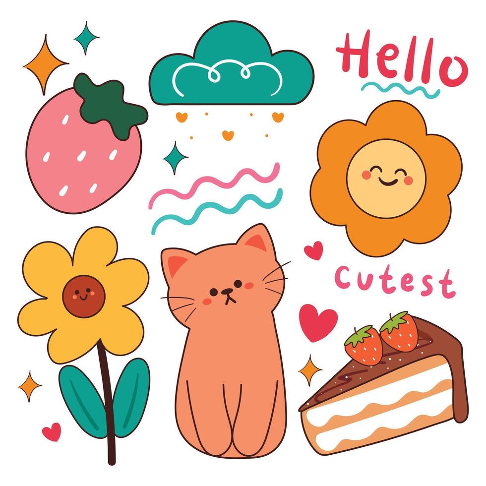 hand drawing cartoon kawaii sticker set. cute sticker, doodle set vector