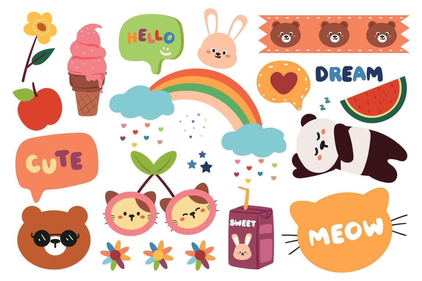 hand drawing cartoon kawaii sticker set. cute sticker, doodle set vector
