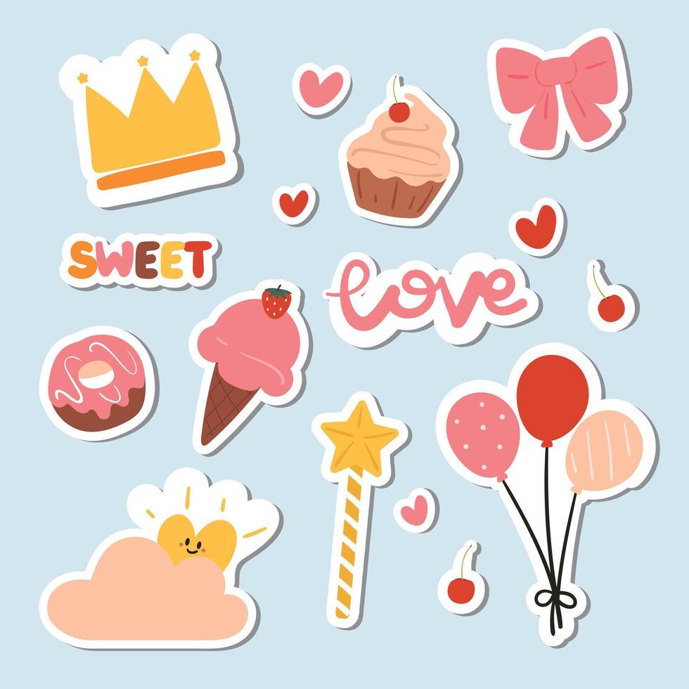 hand drawing cartoon kawaii sticker set. cute sticker, doodle set vector