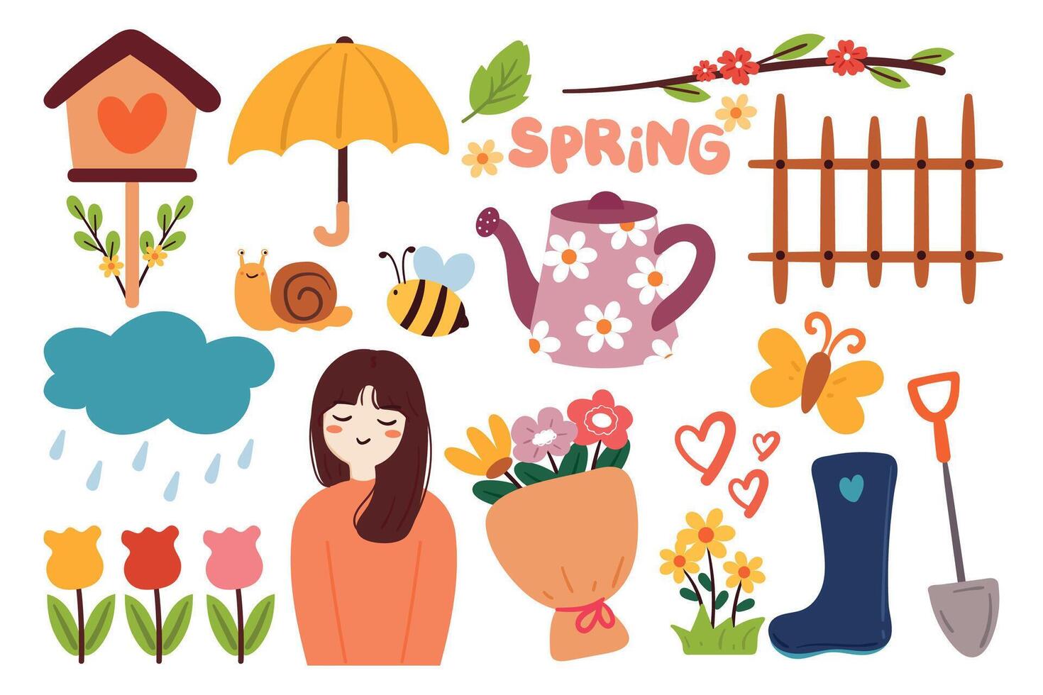 hand drawing cartoon spring sticker set. cute sticker for spring season, doodle set vector