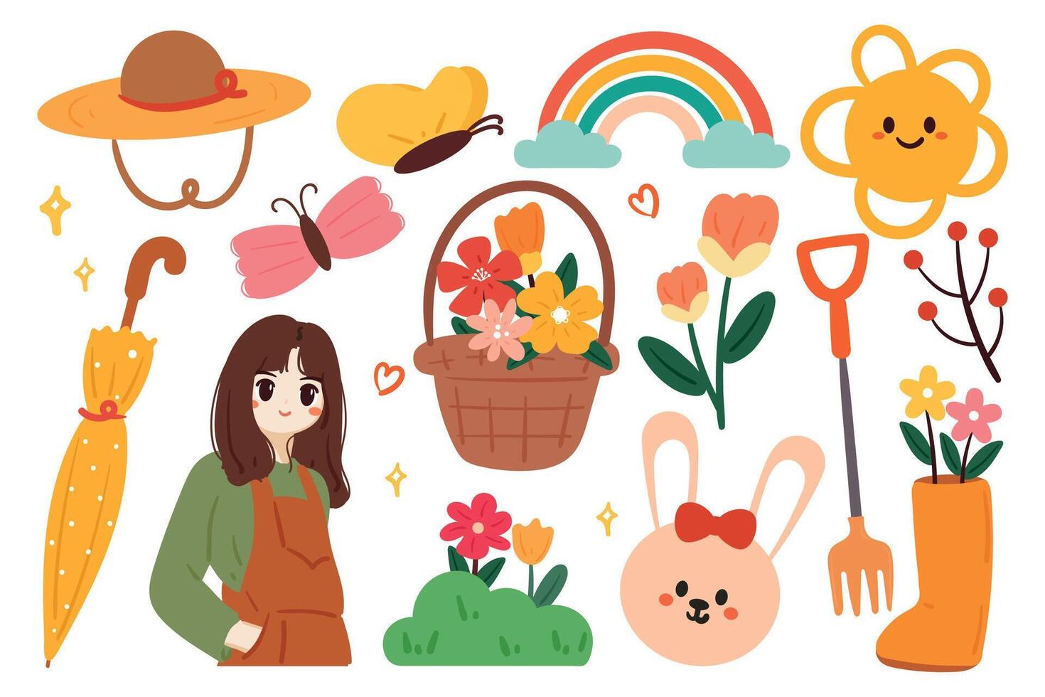 hand drawing cartoon spring sticker set. cute sticker for spring season, doodle set vector