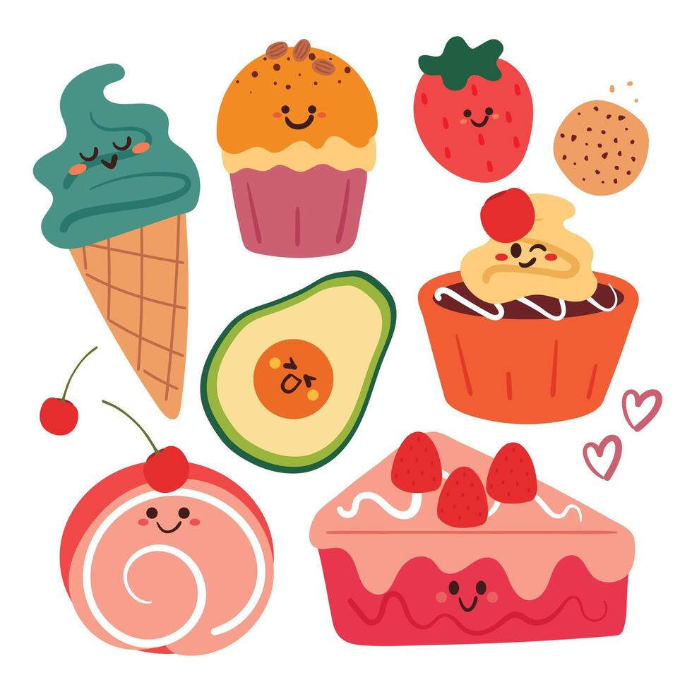 hand drawing cartoon cute dessert sticker set. cute food drawing and sticker, doodle set vector