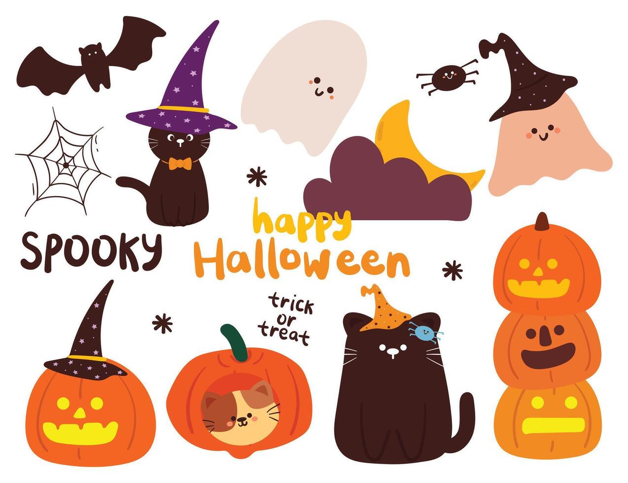 hand drawing cartoon halloween sticker set. cute sticker for halloween vibes, doodle set vector