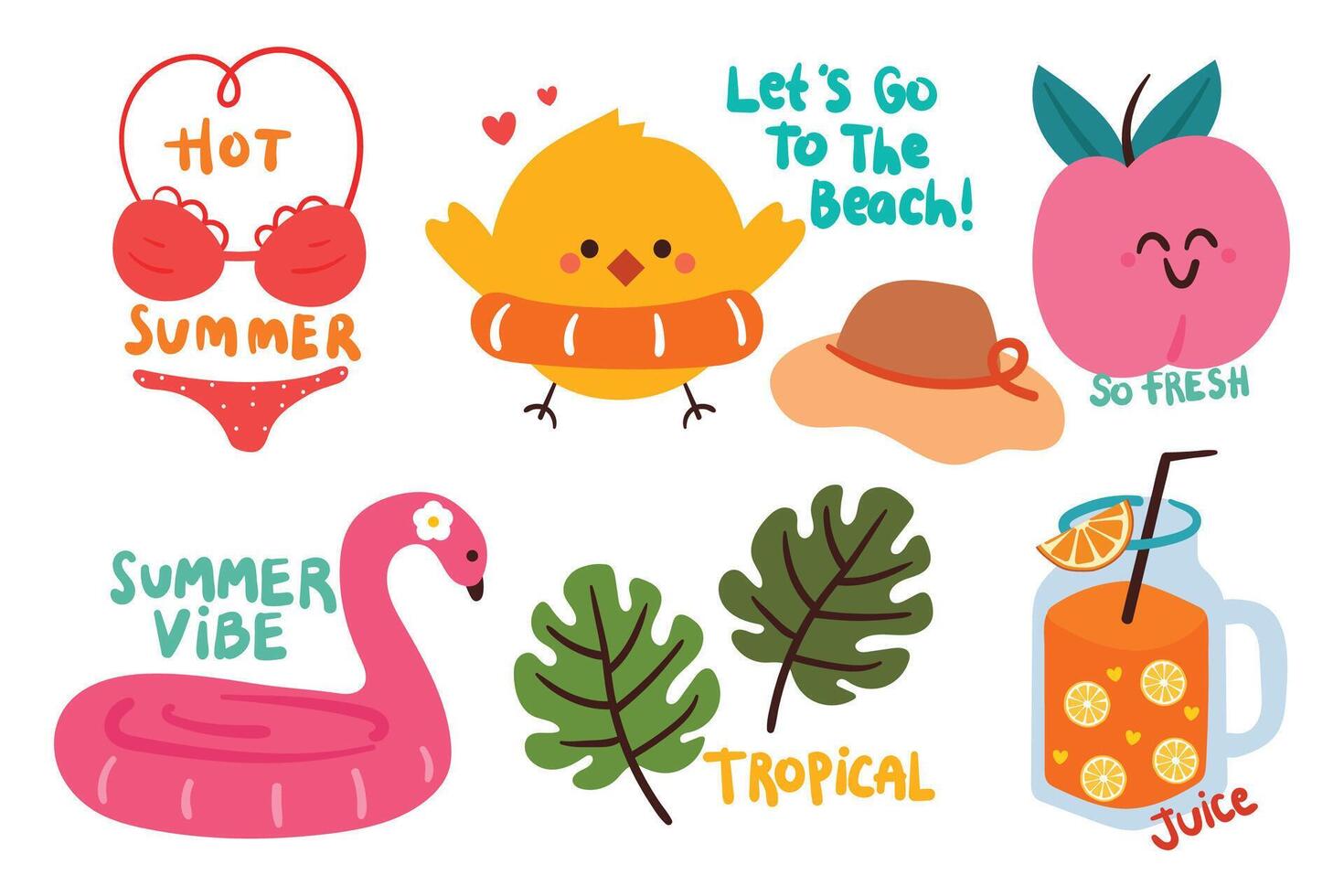 hand drawing cartoon summer sticker set. cute sticker for summer season, doodle set vector