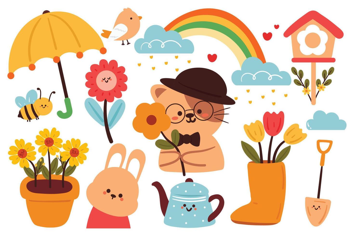 hand drawing cartoon spring sticker set. cute sticker for spring season, doodle set vector