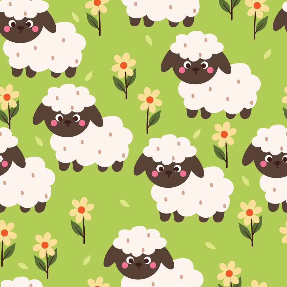 seamless pattern cartoon sheep and flower. cute animal wallpaper for fabric print, gift wrap paper vector