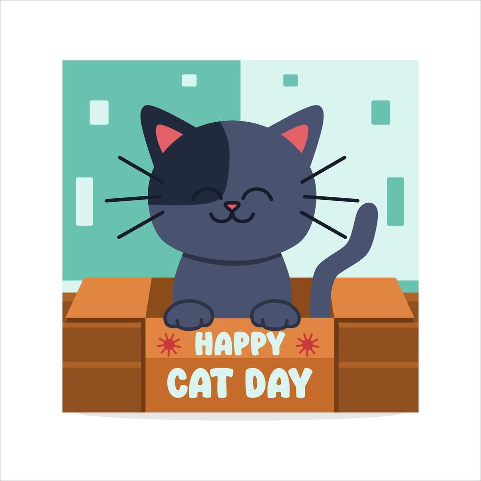 Illustration of a cat in cardboard to congratulate International Cat Day vector