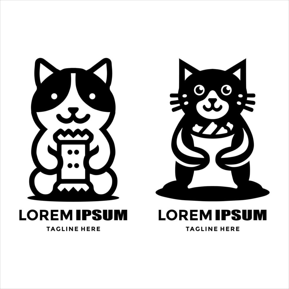 cat mascot logo design holding a snack in black and white vector