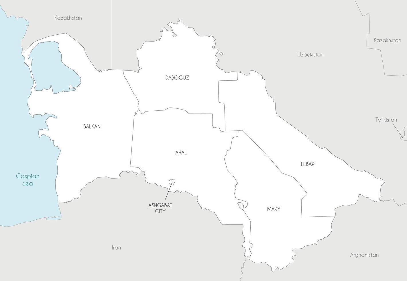 regional map of Turkmenistan with provinces, capital city district and administrative divisions, and neighbouring countries and territories. Editable and clearly labeled layers. vector