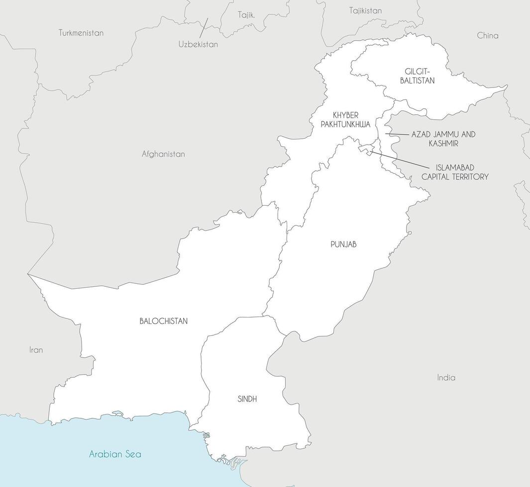 regional map of Pakistan with provinces and territories and administrative divisions, and neighbouring countries and territories. Editable and clearly labeled layers. vector