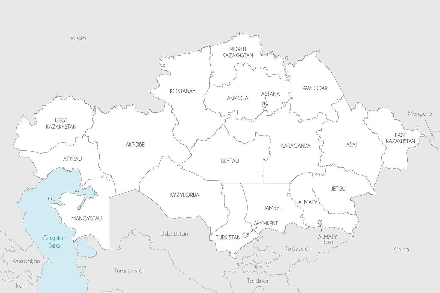 map of Kazakhstan with regions, independent cities and administrative divisions, and neighbouring countries and territories. Editable and clearly labeled layers. vector